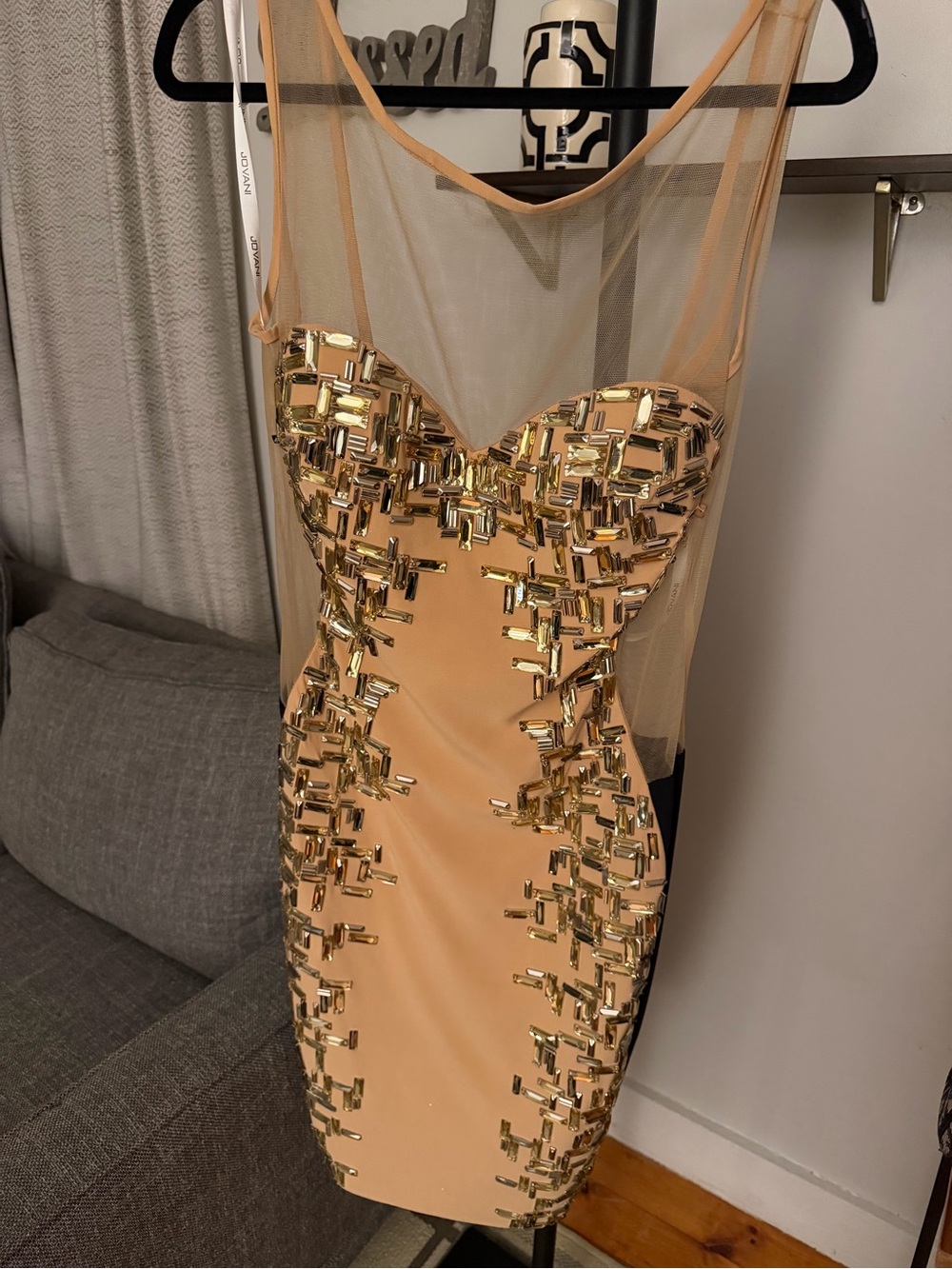Jovani Nude Mini Dress with Gold Beaded Embellishments sz 12